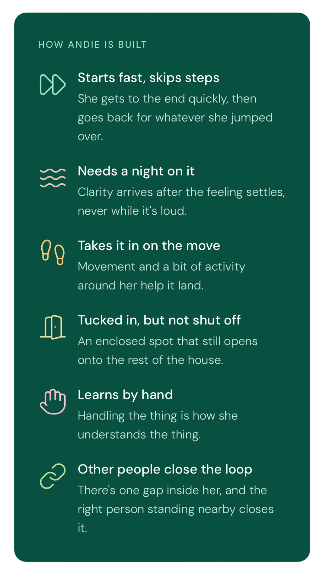 How Andie is built: plain-language points on how she works.